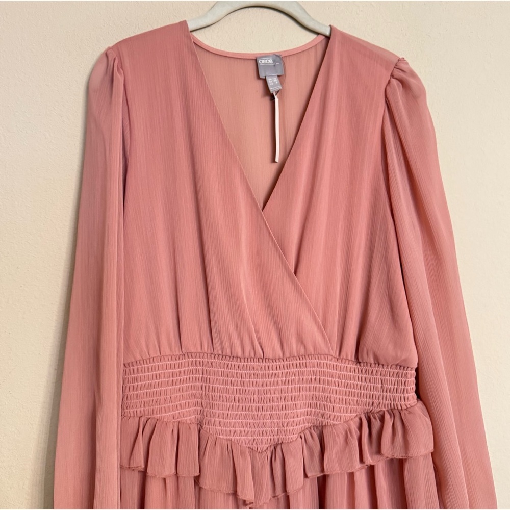 ASOS Pink Ruffled Long Sleeve Smocked Waist Casual Party Dress 12 NEW - Picture 5 of 16